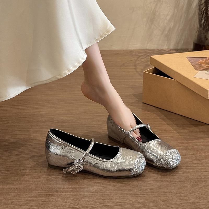 With skirt Mary Jane shoes single shoes women's spring and summer new flat beanie shoes silver small leather shoes