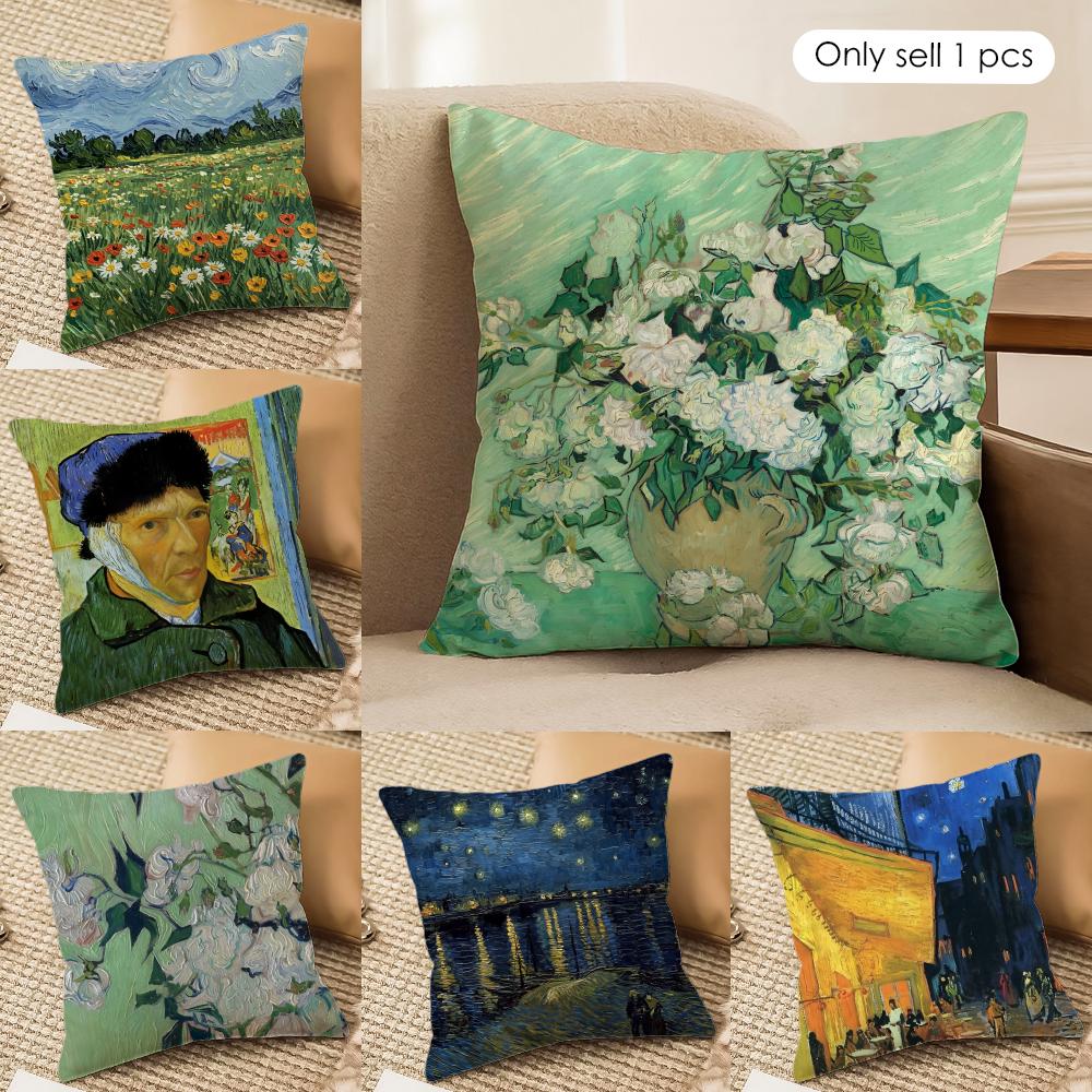 Van Gogh Original Print Cushion Cover Silky Short Plush Invisible Zipper Dustproof Sofa Pillow Case For Home Decor