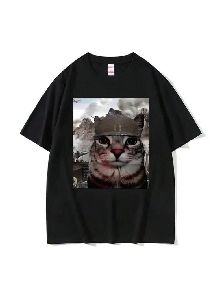 Thousand Yard Stare Funny Cat Meme T Shirts Men Women's Fashion Casual Short Sleeve T-Shirts Cotton Oversized T-Shirt Streetwear2