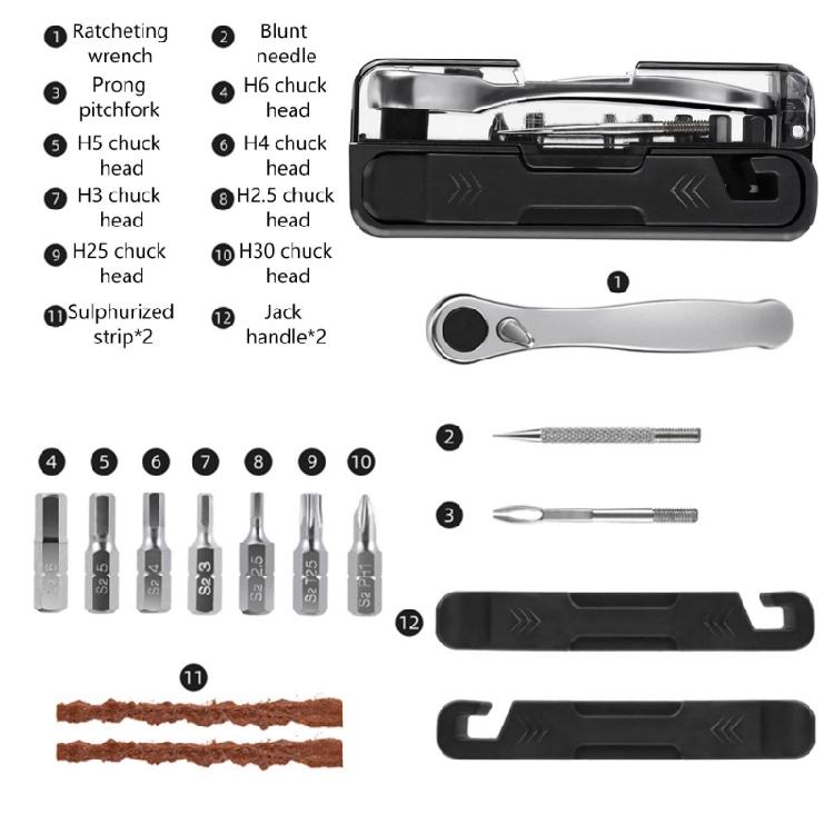 Durability 14 In 1 Cycling Tool Containing Steel Patches Strips Double Direction Ratchets and Compacts Carry Pouches