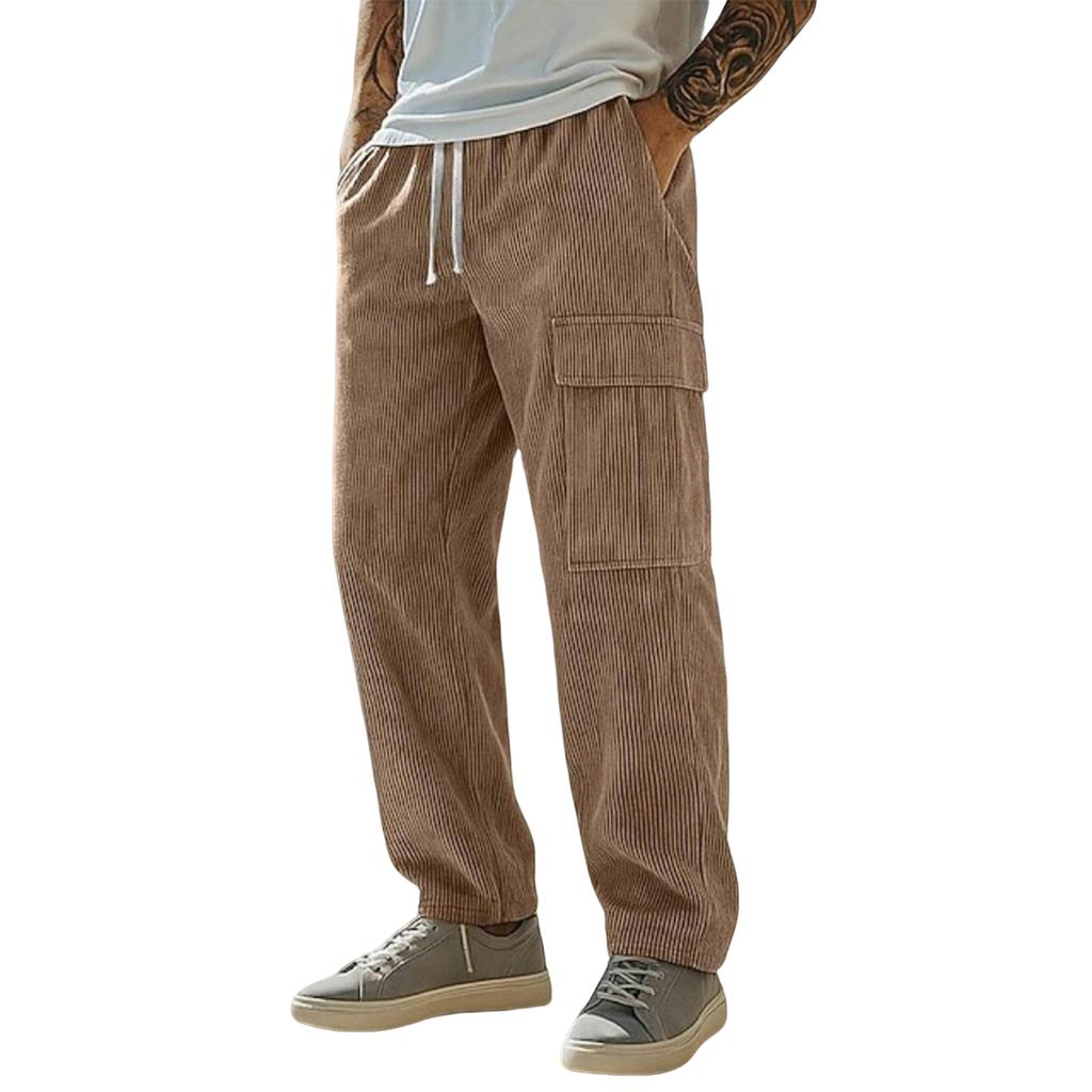 Mens Casual Corduroy Pants Elastic Waist Drawstring Sweatpants Casual Baggy Straight Cargo Pants Streetwear