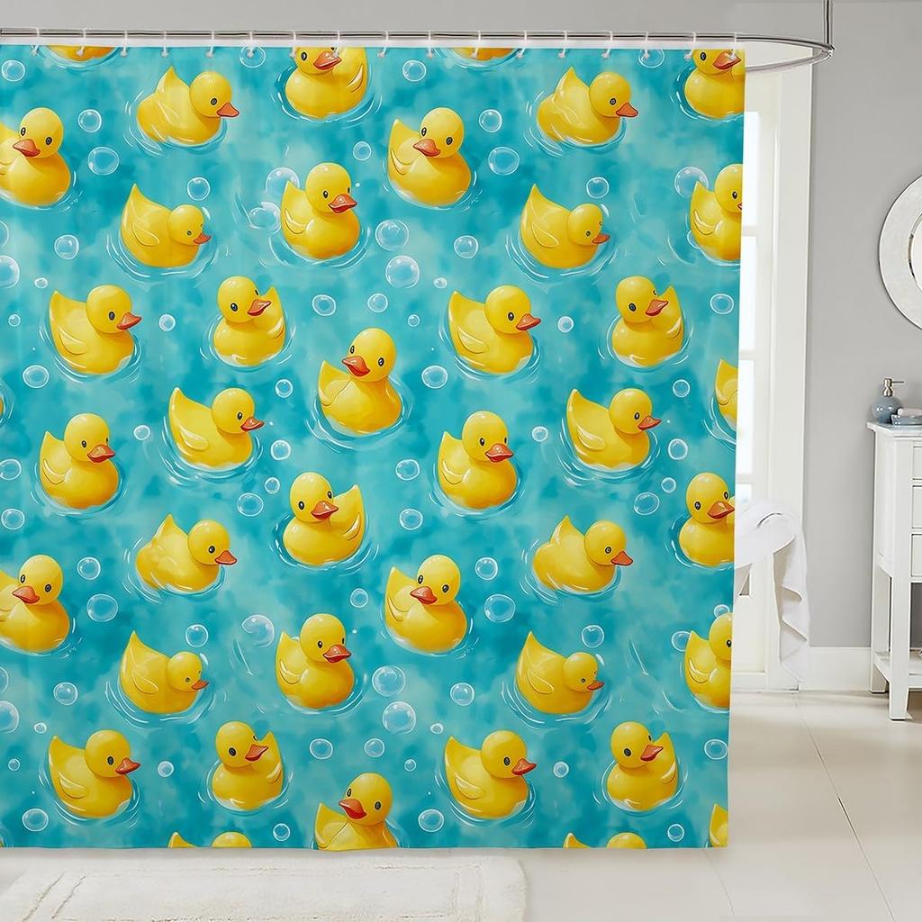 Yellow Rubber Duck Shower Curtain Set,Cute Swimming Duck Bathroom Decor for Kids,Kawaii Animal Bathroom Set Gifts for Pet Lovers