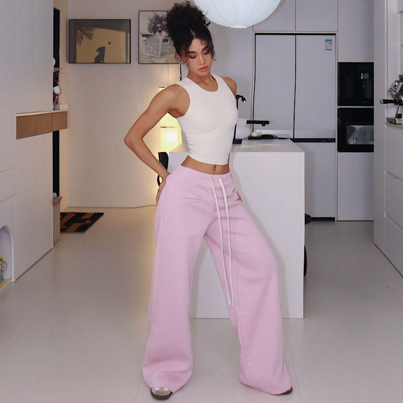 

[Loose Sweatpants] Elastic Waist Drawstring Design Loose Pants with Velvet Autumn and Winter Straight Wide-Leg Pants Mop Pants Pink Long L