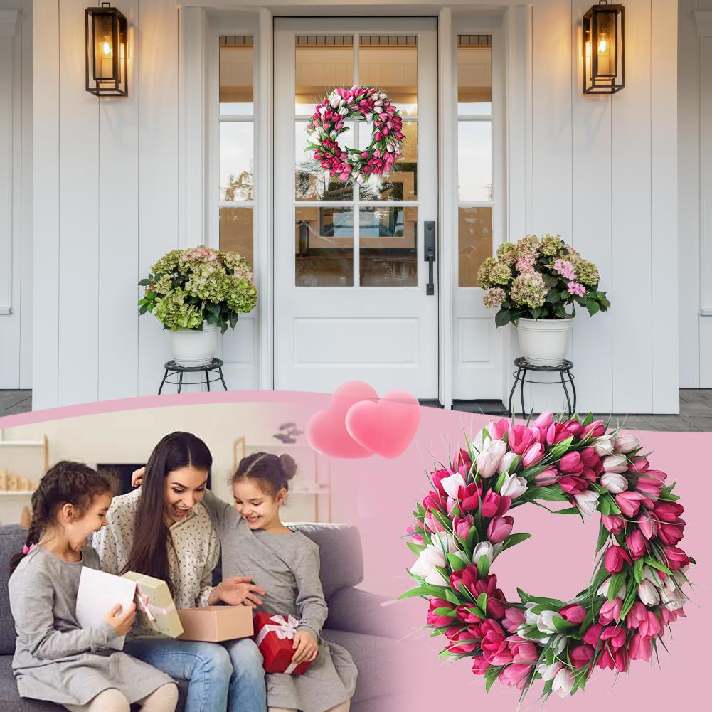 19.7 Inch Tulip Wreath for Front Door Spring Wreath Artificial Tulip Flowers Mothers Day for Outside Indoor Window Wall