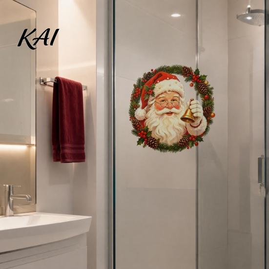 Festive Garland Decorations Christmas Wreath Window Stickers, Retro Santa Claus PVC Decals, Waterproof Decorative Indoor Outdoor Holiday Sign