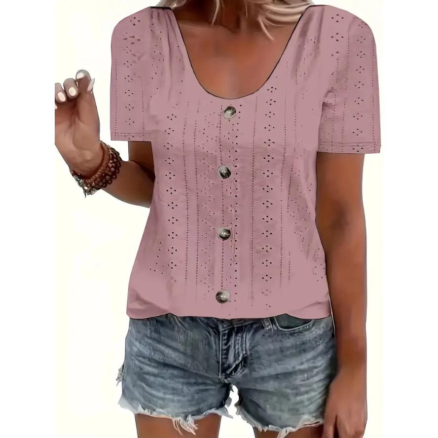 VEZFAA Damenmode Casual Sommer Frühling Einfarbig Druck Kurzarm U-Ausschnitt Blusen & Hemden