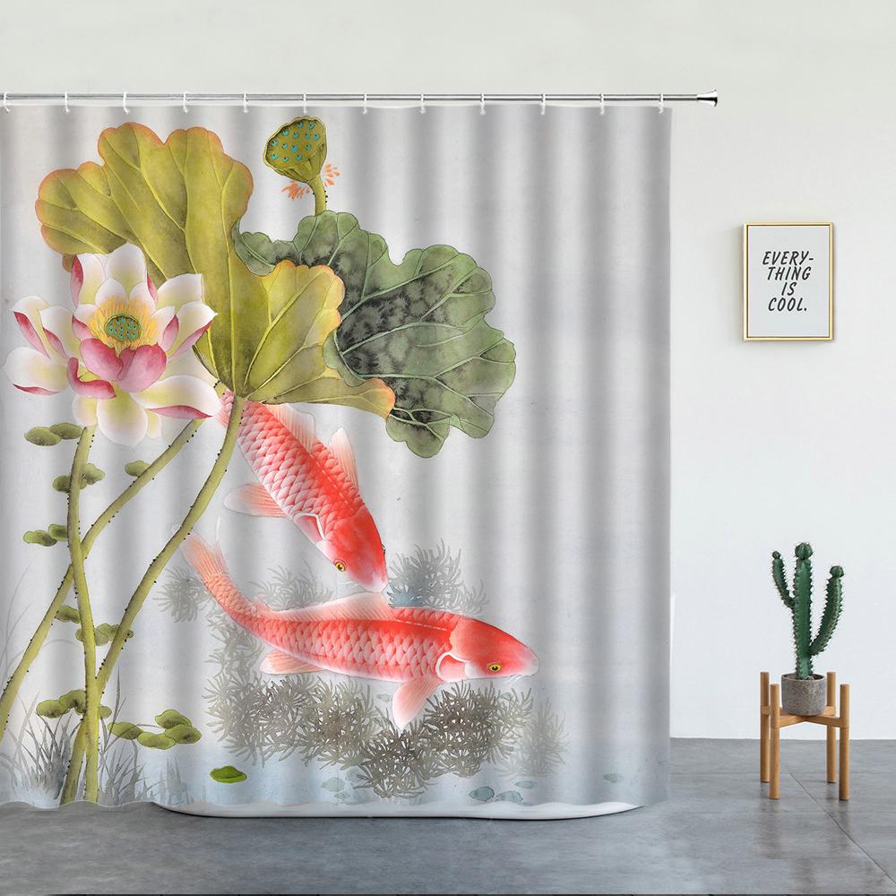 Jessica Chen Japanese Scenery Shower Curtains Koi Carp Fish And Cherry Blossom Watercolor Design For Bathroom Decor