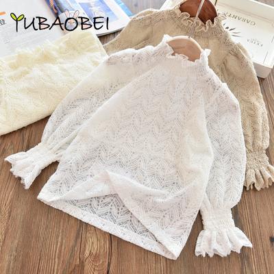 T-shirt blanc à manches longues pour filles, chemisier à col haut en dentelle pour enfants, vêtements d'automne pour enfants