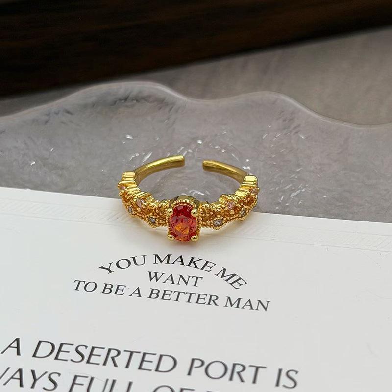 Medieval Vintage French Colored Treasure Zircon Light Luxury High-End Open Ring Niche Design Ring Woman