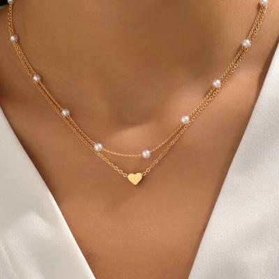 Jewelry Pearl Love Necklace Versatile Multi-layered Pendant Clavicle Chain Necklace Women's Retro Stacking Necklace