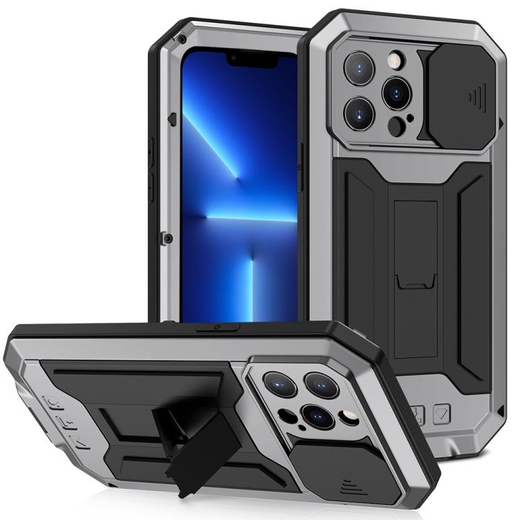 Dla iPhone 13 Pro R-JUST Przesuwana Osłona Aparatu Odporna na Wstrząsy Wodoodporna Żywotnie Pyłoszczelna Metal + Silikon Pokrowiec Ochronny z Uchwytem