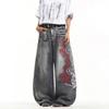 Jeans europei e americani design ricamo drago rosso e bianco senso del design vita alta lavaggio sciolto dritto mopping jeans