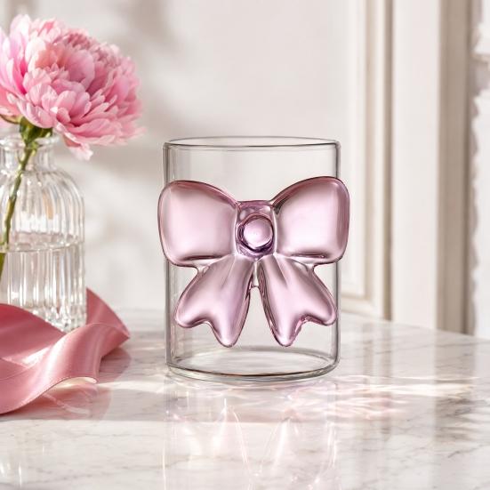 Bow Glass Cup, Breakfast Milk Coffee Mug, 300ml Whiskey Tumbler for Juice, Heat Resistant Tea Cup, Home Bar Decor Gift for Women