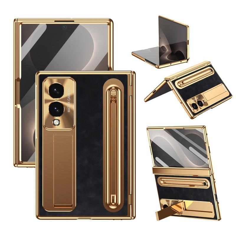 Plating Leather Phone Case For Samsung Galaxy Z Fold 8 Wide 7 6 5 4 TriFold Luxury Hidden Bracket Cover with Pen Slot & S Pen Screen Protector Film