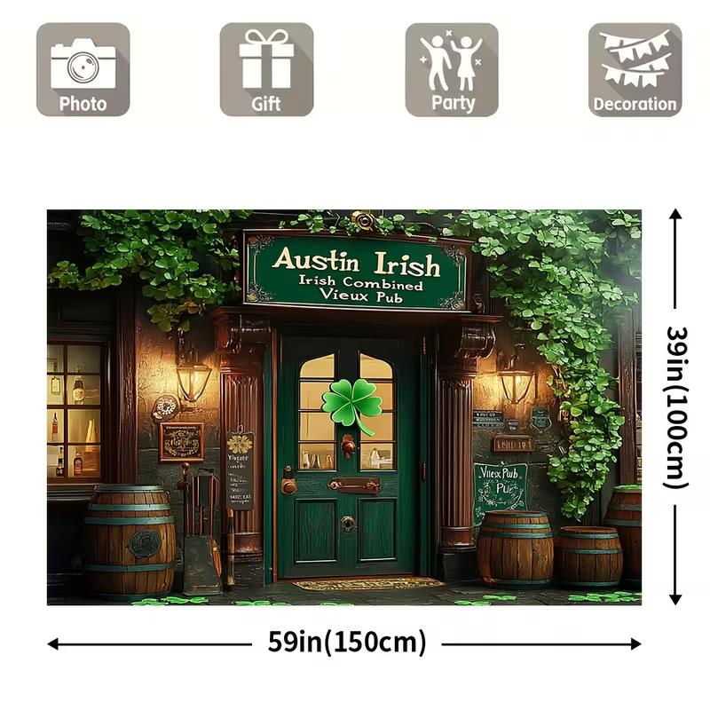 2D Vintage Irische Vieux Pub Fassade Hintergrund mit Grünem Efeu und Klee