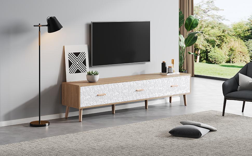 TV Low Panel Vintage, Wood TV Cabinet TV Table - Living Room Bedroom, Light Wood, Vintage Grain White Door Panel, 150*35*39cm