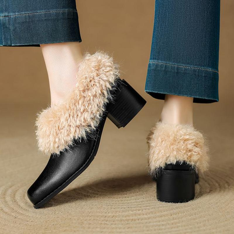 Fashion NEW Winter Women Pumps Square Toe Chunky Heel Shoes Split Leather Shoes for Women Slip-on Modern Shoes Elegant Plush Women Pumps
