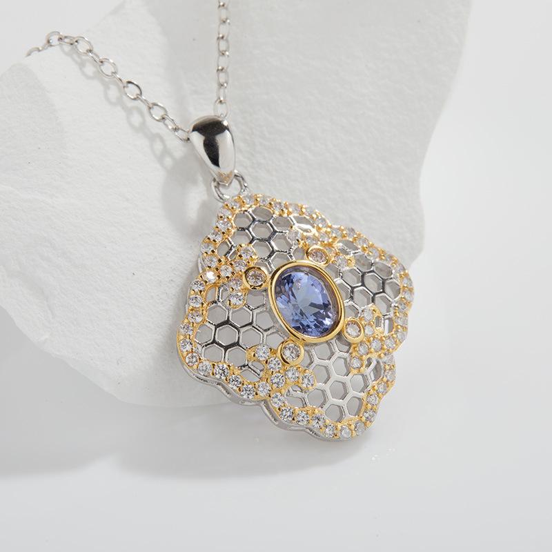 Natural Tanzanite Hollow Pendant S925 Sterling Silver Necklace Women'S Vintage Versatile Clavicle Chain Jewelry
