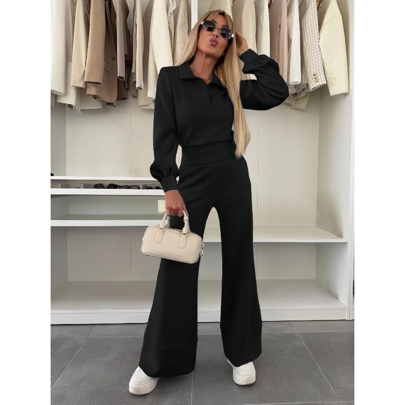 women's Solid Color Collared Long Sleeve Blouse High Waist Wide Leg Flare Pants 2 Piece Casual Tracksuit Set