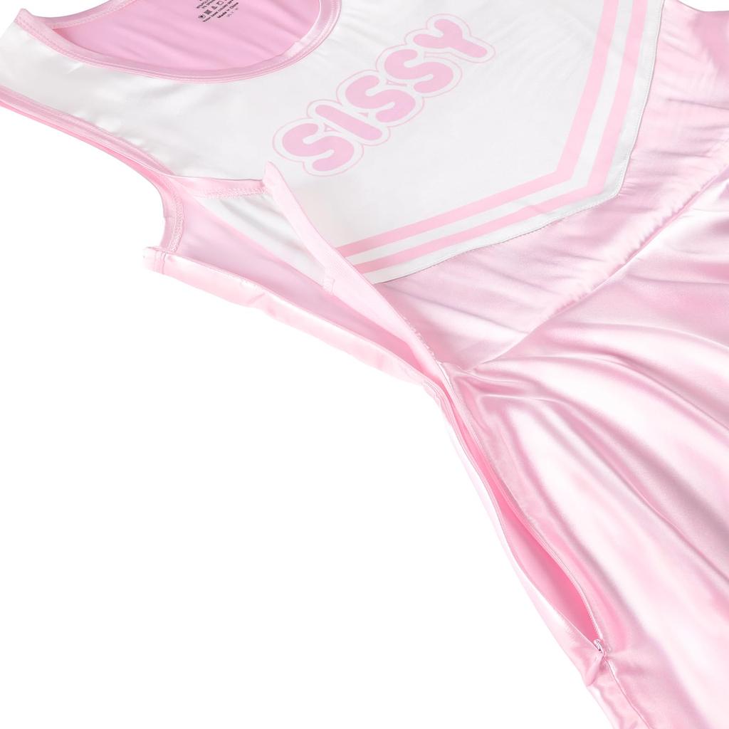 [LittleForBig] Unisex Glänsande Satinkjol Cheerleader Sissy Silkeslen Ärmlös Klänning, Rosa, Storlek L