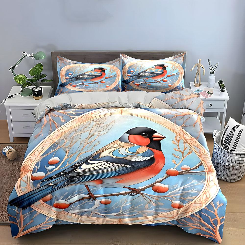 Bird Art Print Set - Winter Decor Bedding Set with 1 Duvet Cover 2 Pillowcases Single Double King Queen Gift