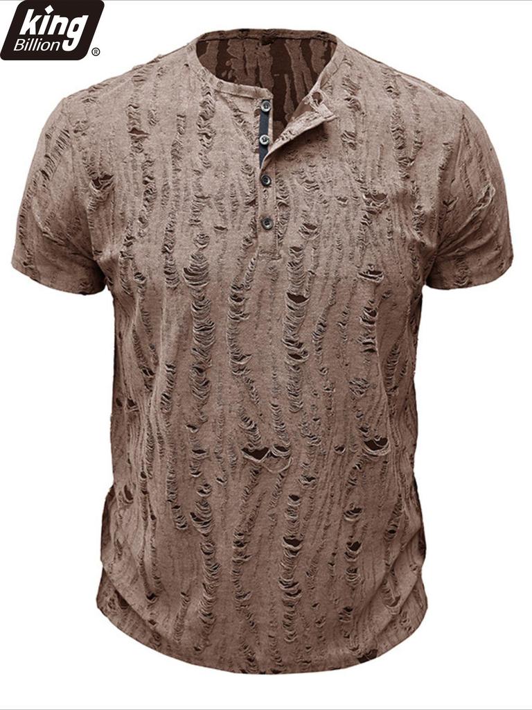 Men's Short-sleeved T-shirt Broken Holes Retro Men's Fashion Henley Shirt Men's Casual Fashion Tops Slim Fit