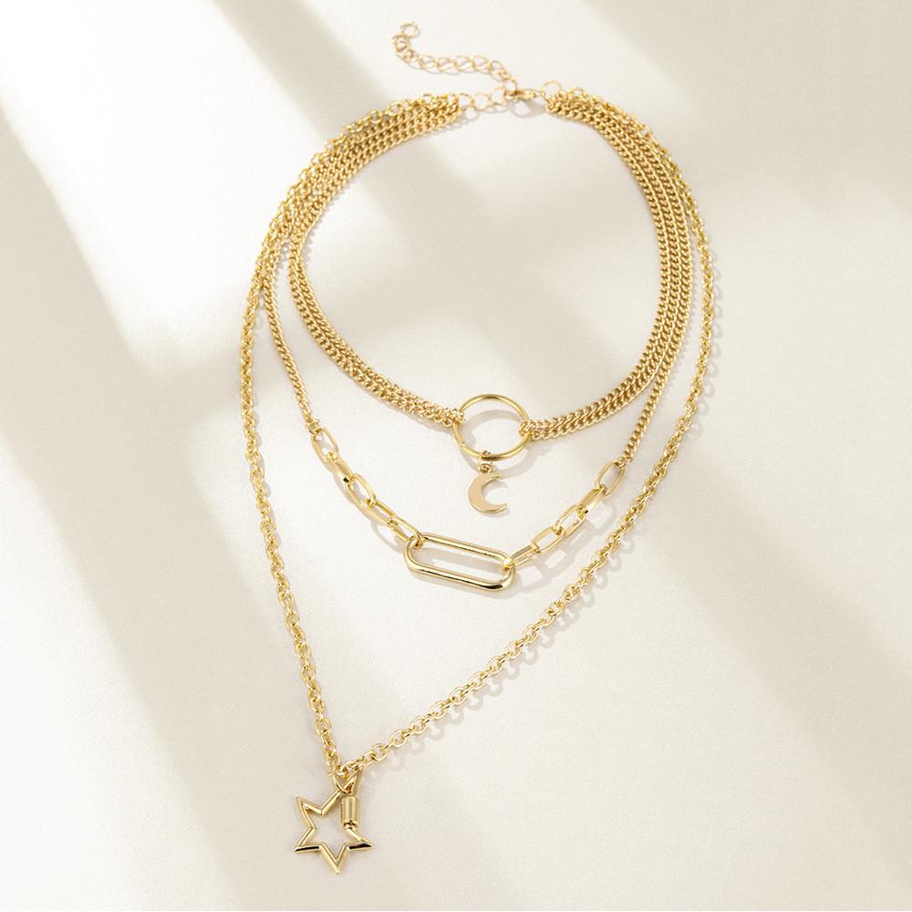 Classic European Style Alloy Moon And Star Layered Pendant Necklace For Women