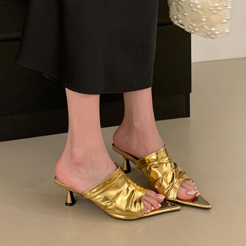 Female Slip On Footwear Shallow Ladies Medium Heels Shoes Pointed Toe Women Thin Heels Pumps Slides Sandals Shoes