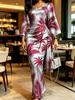 Womens Kimono Sleeve Palm Print Maxi Dress V Neck Ruched Wrap Waist Bodycon Elegant Long Dress