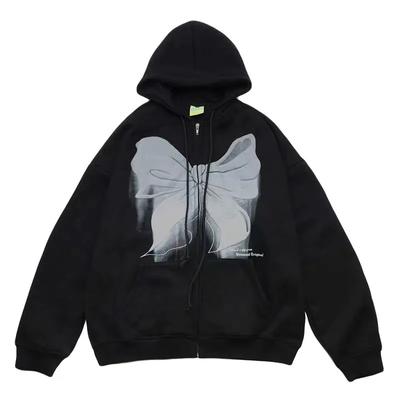 Women Hoodies Butterfly Printed Zipper Jackets Autumn Winter Casual Oversized Harajuku Sweatshirts Black Tracksuit Loose Sport Shirts