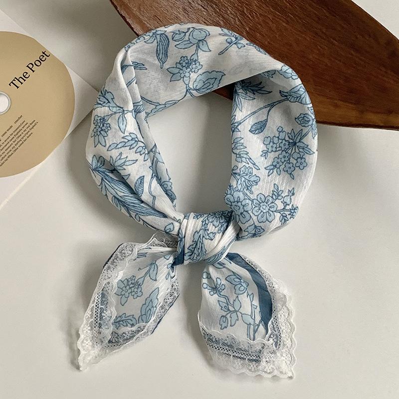 Silk scarf neck small square scarf new multi-color versatile headscarf summer women's pastoral lace headband hair accessories decorative small scarf