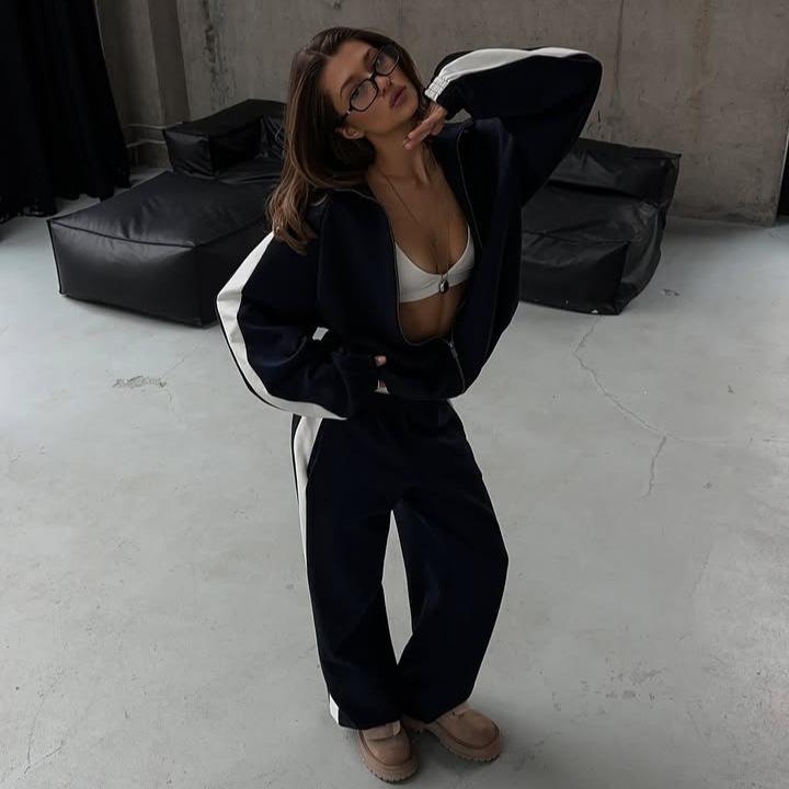Women's Fashion Long Sleeve Color Block Tracksuit Set Casual Knit Outerwear Pants 2 Piece Outfit Fall Winter