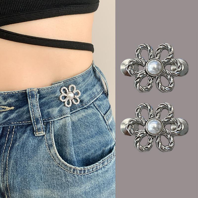2Piece Jeans Waist Tightener Adjuster Kit, Effortless No Sew Tightening, Silver Adjustable Buttons Fit On Loose Jeans & Pants