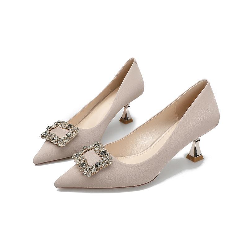 

Новые женские туфли на высоком каблуке, модные туфли-лодочки на тонком каблуке, с квадратной пряжкой со стразами, с острым носком, черные, темпераментные, на маленьком каблучке 39 хаки