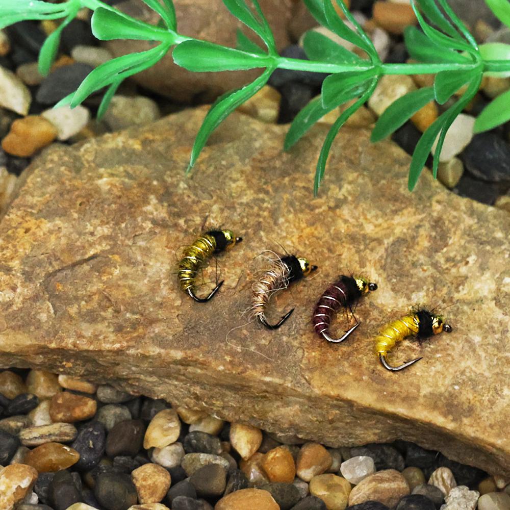 6/8 STÜCKE 2 Größen Perlenkopf Köcherfliegenlarve Nymphe Fliege Realistische Bachflohkrebs Insekt Wurm für Forellen Äschen Angelköder (Widerhakenhaken, Schnell sinkend)