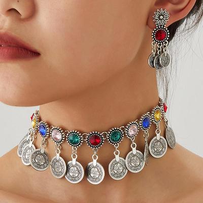 Modisches Retro-Schmuckset für Damen im nahöstlichen Stil mit funkelnden Diamantmünzen - Halskette & Ohrringe
