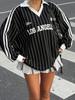 New Retro Striped V-Neck Loose Hoodie with Letter Print