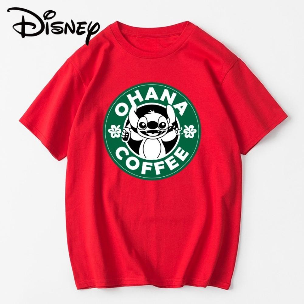 Stitch OHANA Coffee Printed Tshirt Cotton    Summer New Womens Plus Size Tshirt Y2K Retro Loose Casual Short Sleeved Top