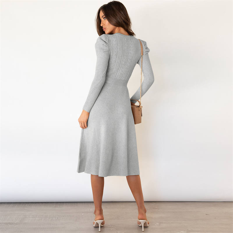 Knitted Dress Big Swing Dress Base Sweater Dress Slimming High Waist Bubble Long Sleeve Mid-Length
