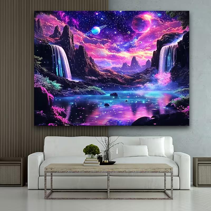 2D Dreamy Galaxy Waterfall Landscape Wall Hanging, Neon Fantasy Space Wilderness Home Background Tapestry