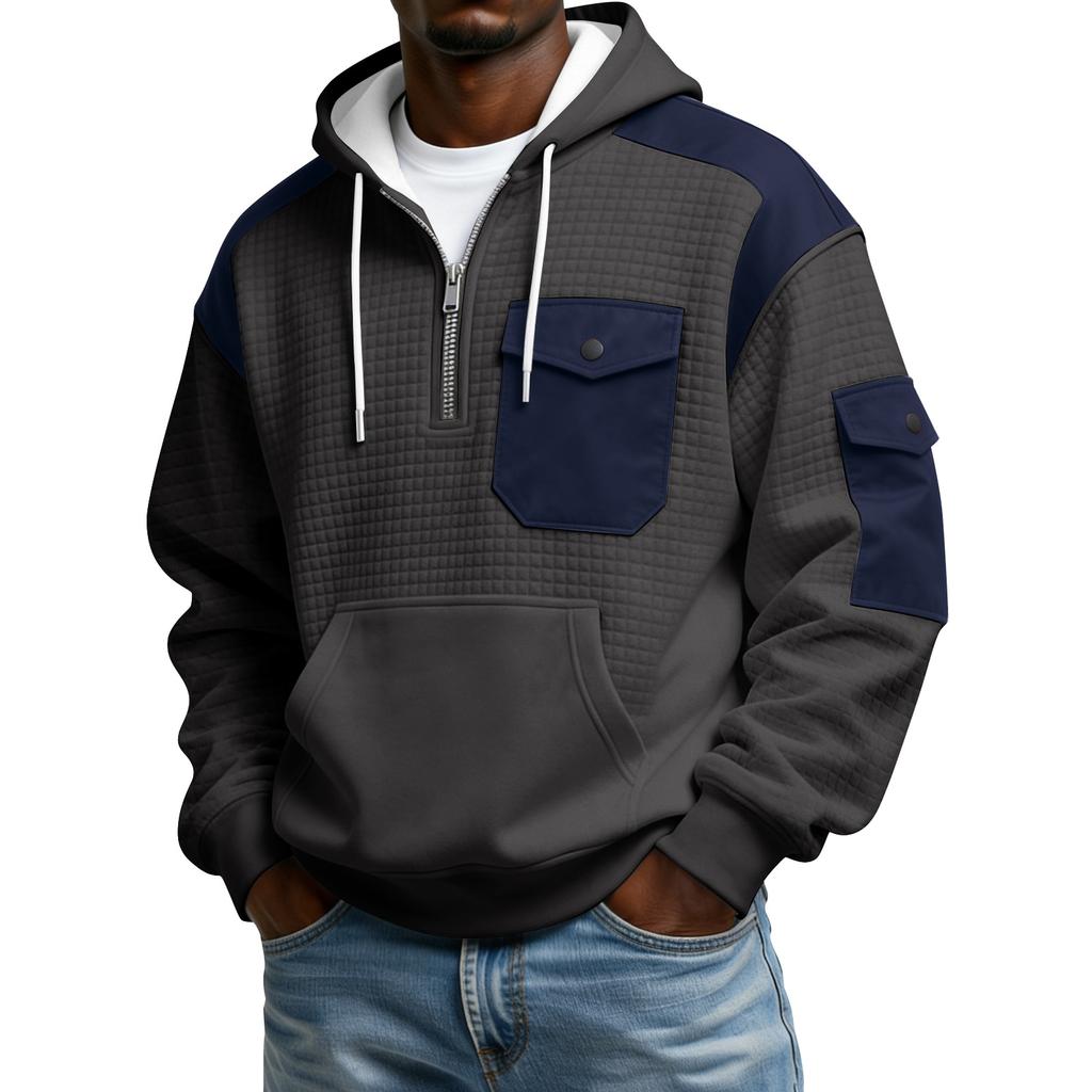 Men's Winter Color Blocked Button-Down Collar Multi-Pocket Hoodie Men's Sports Plus Size Casual Sweatshirt