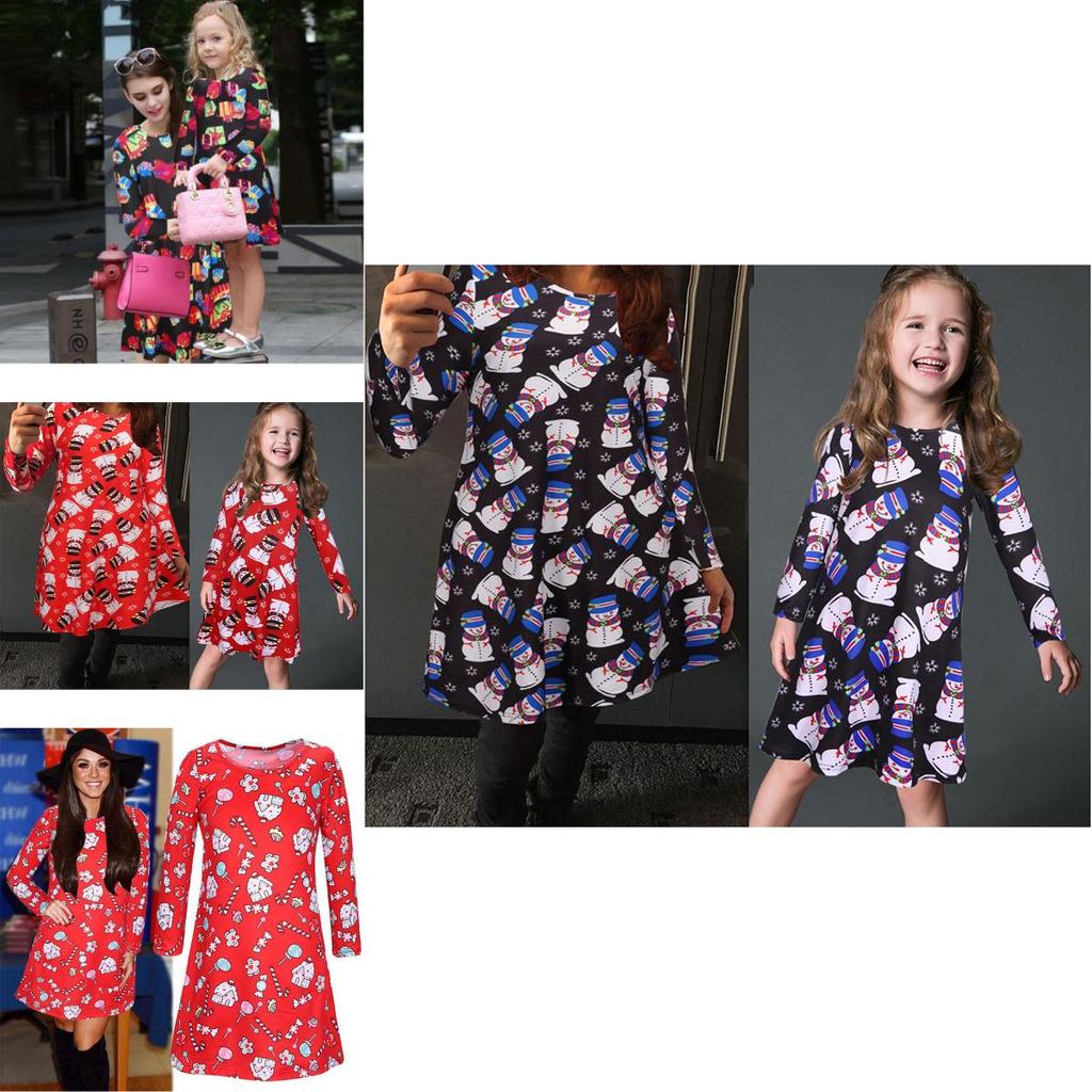 Charming Girls Children Christmas Dress Featuring Elegant Santa Bow Print For Mothers And Daughters