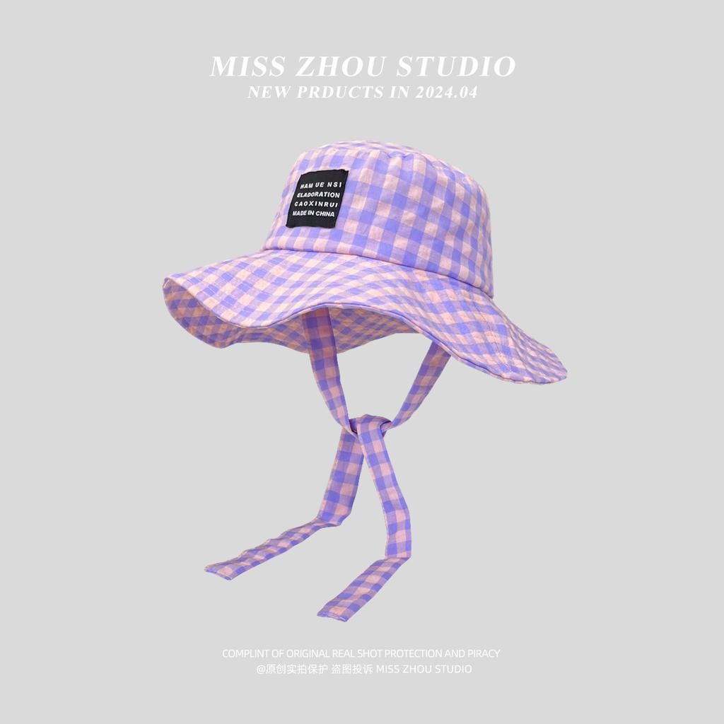 Plaid tied sunshade bucket hat women's idyllic big eaves foldable sunscreen sun hat summer