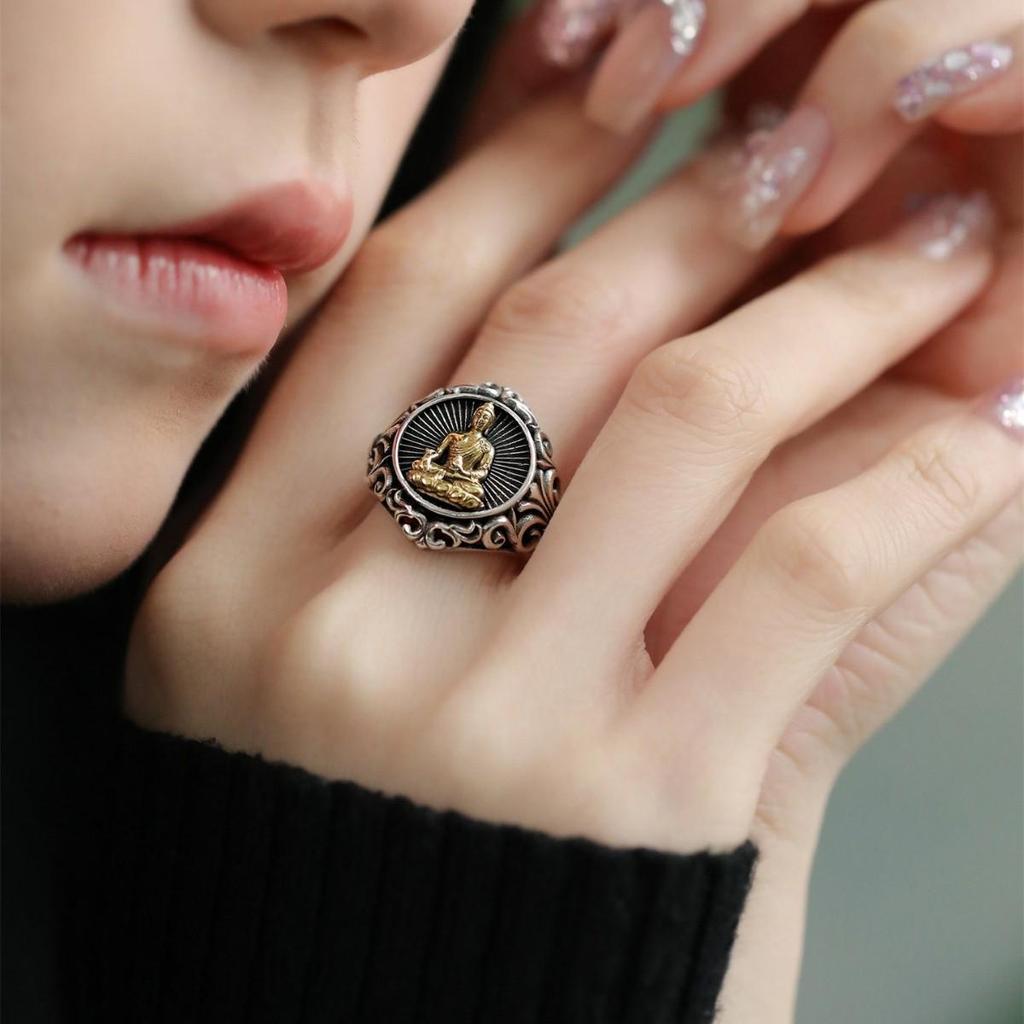Women's Retro S925 Sterling Silver Buddha Ring, Heavy Craftsmanship, Aged Finish, High-End, Adjustable, Hand Jewelry