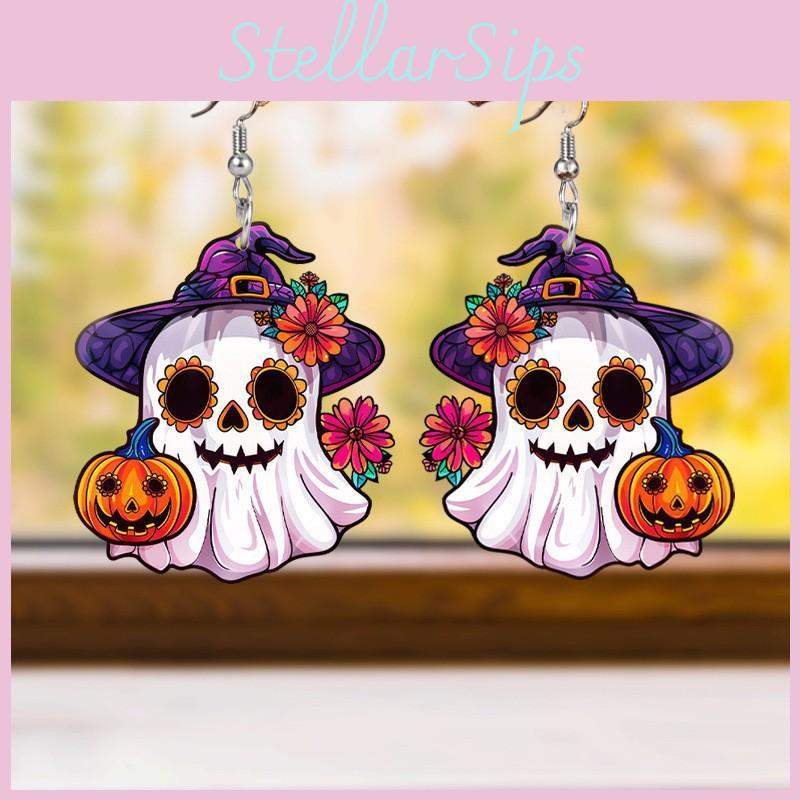 Halloween Themed Ghost Pumpkin Flower Pattern Women Alien Acrylic Earrings For Holiday Celebrations