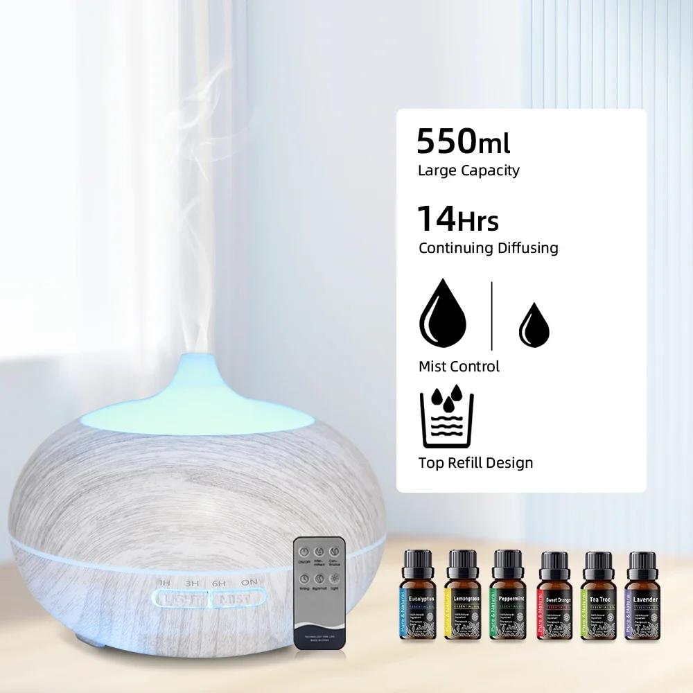 Wood Grain Essential Oil Diffuser 550ml Remote Control, 6 Aromatherapy Oils, 7 Color Changing LED Light for Home, Office, Yoga