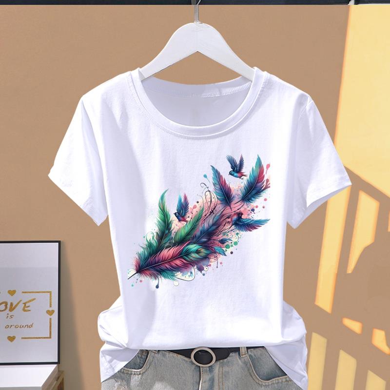

(Азиатский размер) Принт на одежде перо тренд 90-х милая графическая футболка женская повседневная модная футболка женский топ футболка с коротким рукавом S