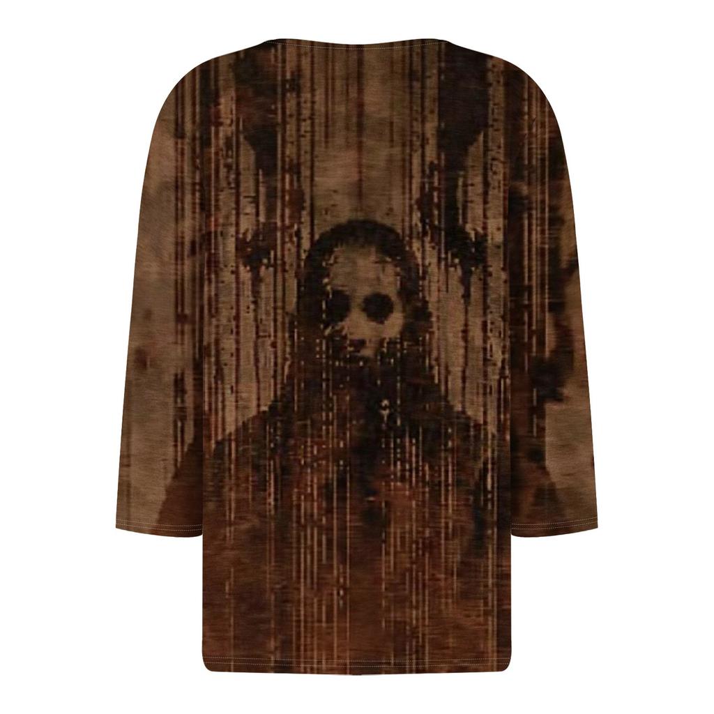 Damenmode Lässig Halloween Bedruckt V-Ausschnitt Kurzarm Dekorativer Knopf Dreiviertelarm T-Shirt Tor