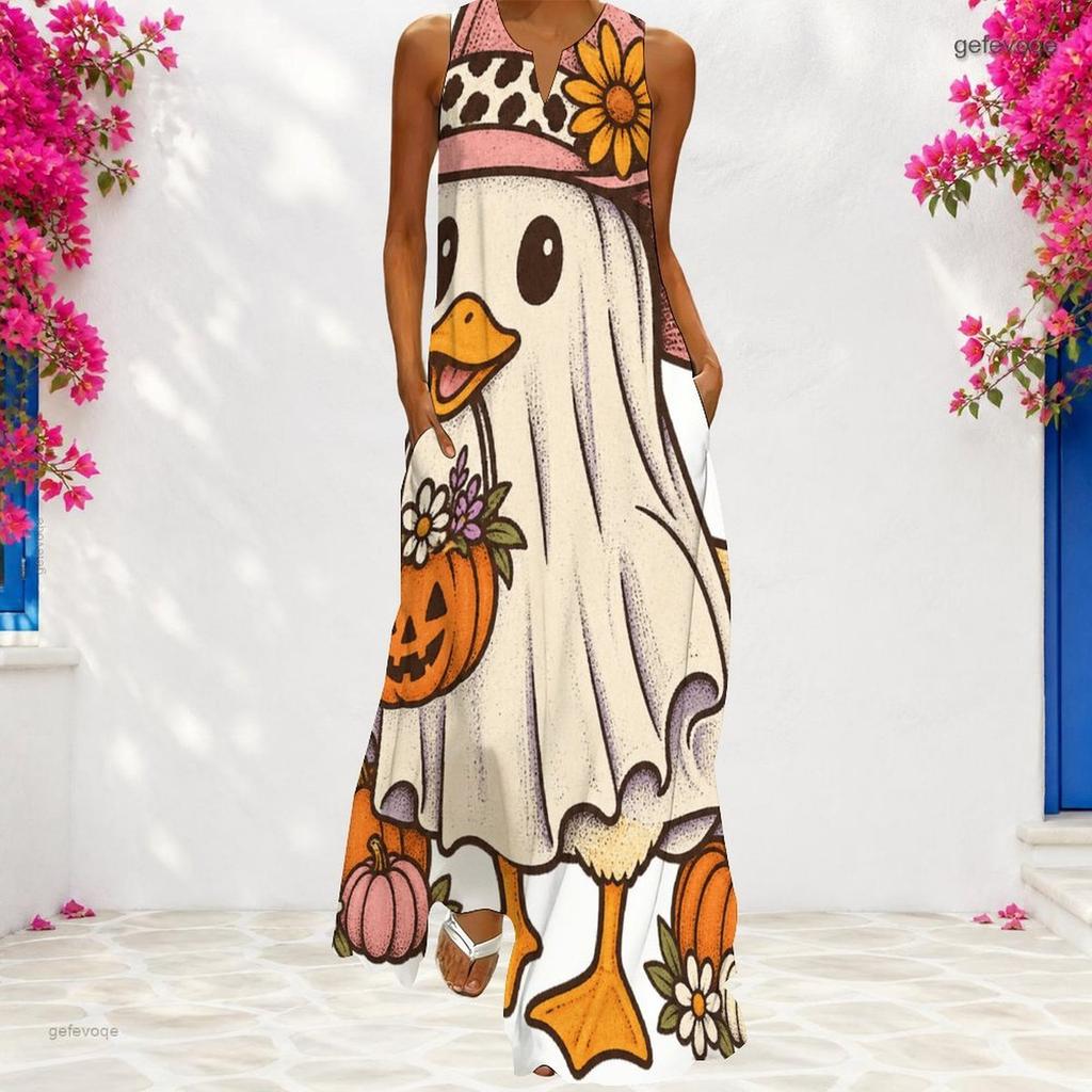 Women Plus Size Sleeveless Small V Neck Maxi Dress Cowboy Ghost Pumpkin Boot Print Loose Long Dress