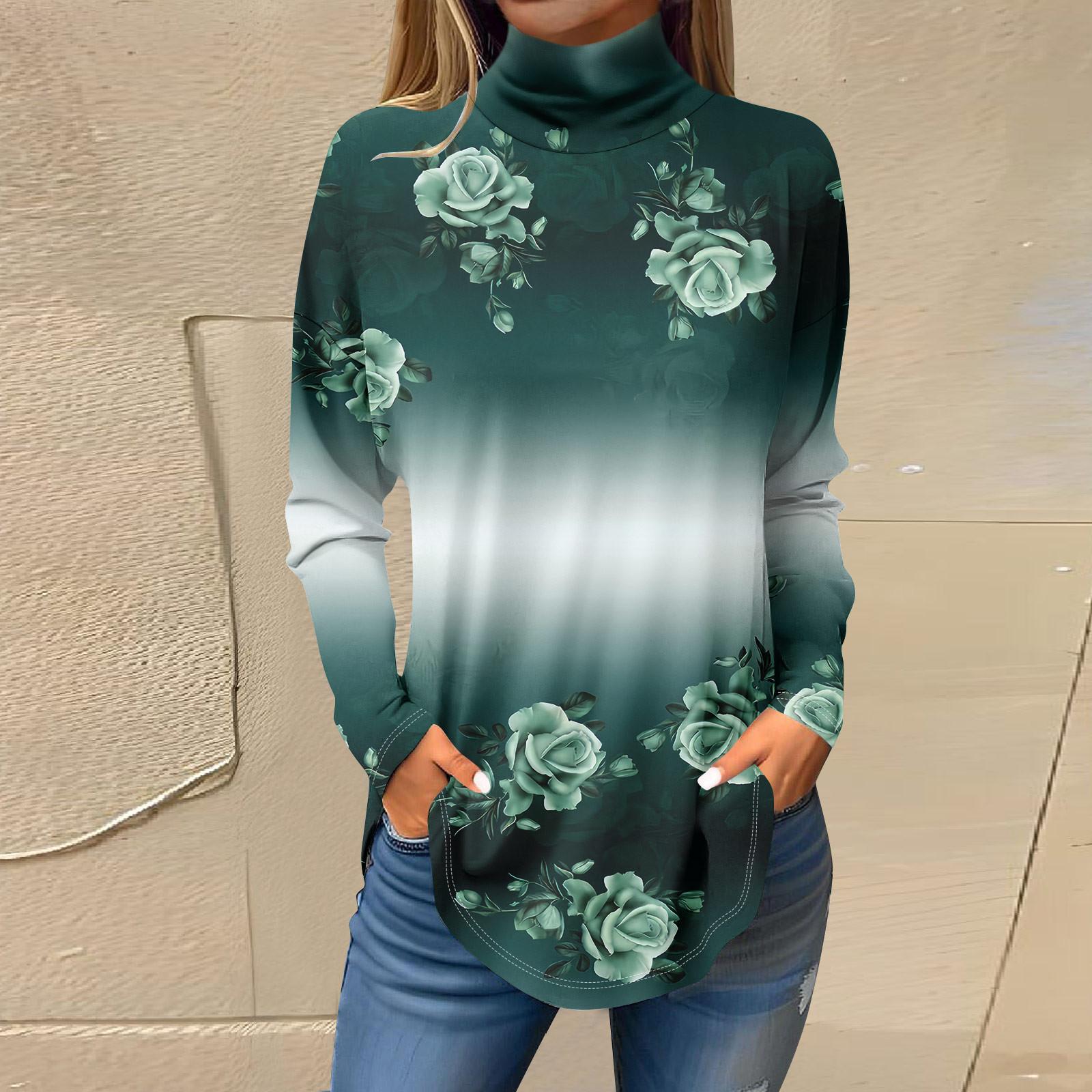 

Футболки для женщин, осенние повседневные рубашки с длинными рукавами, толстовка с винтажным принтом, топ с высоким воротом, пуловер M